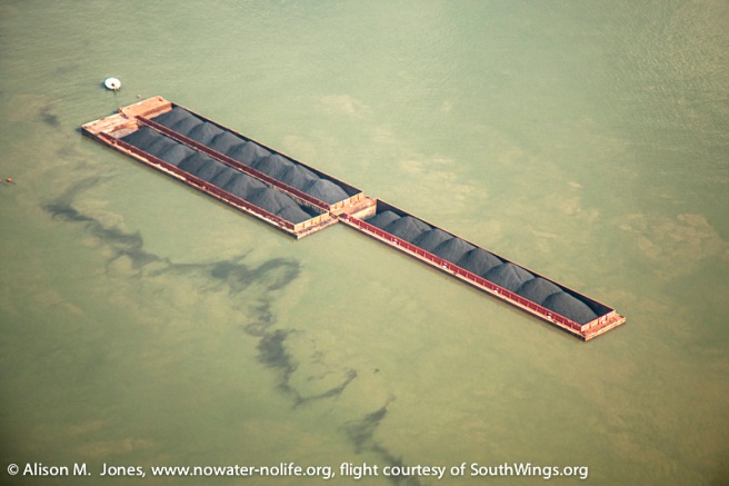 USA:  Louisiana, New Orleans, Lower Mississippi River Basin, flight over coastal wetlands south of New Orleans, aerial view of barge carrying uncovered coal, spilling into the Mississippi River
